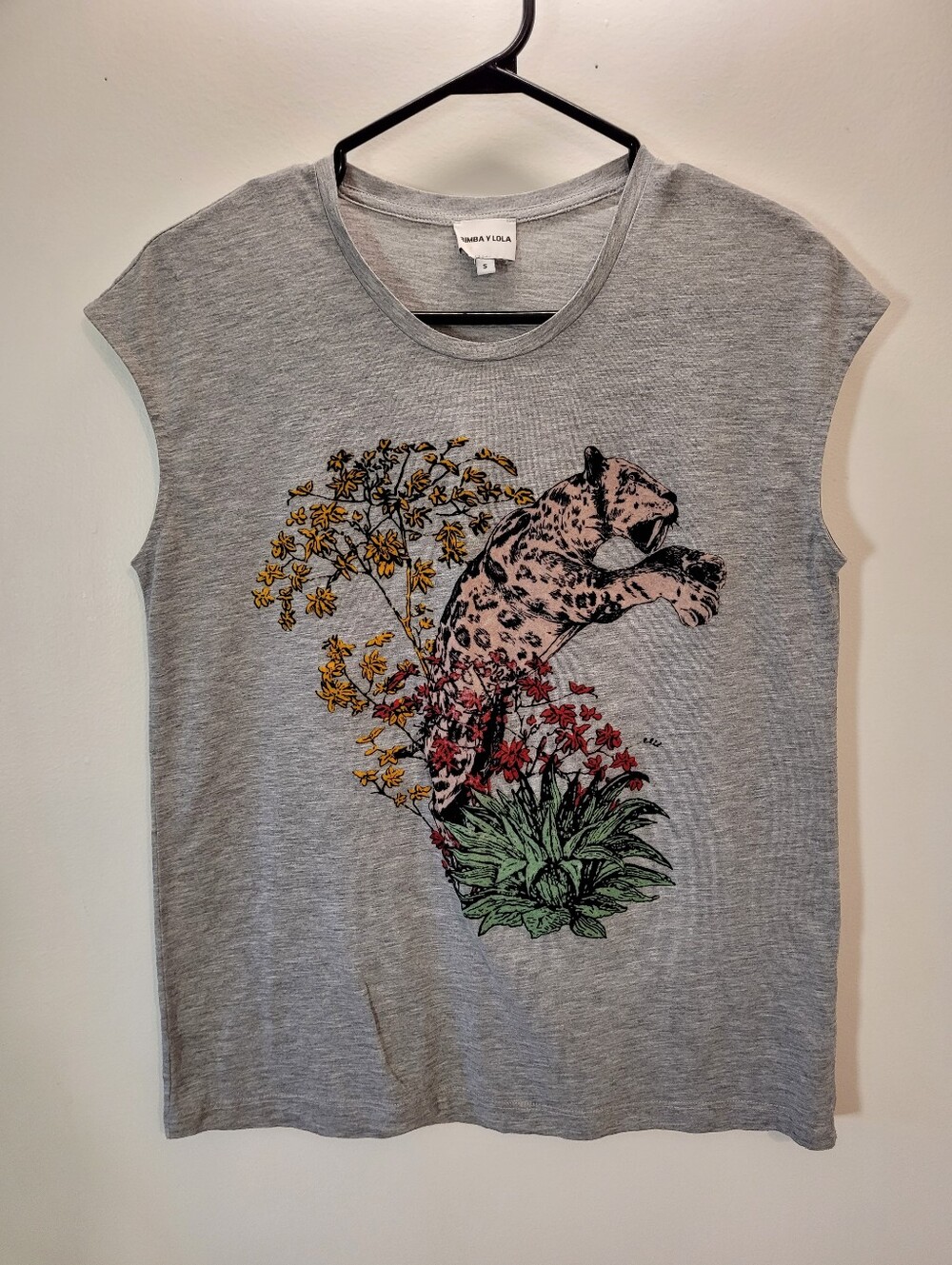 Bimba Y Lola Polera Relieve Velvet Gray Short Sleeve Leopard Floral Tshirt - S